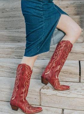 美国骑马靴DAN POST牛皮火焰刺绣尖头复古西部牛仔靴女红色马术靴