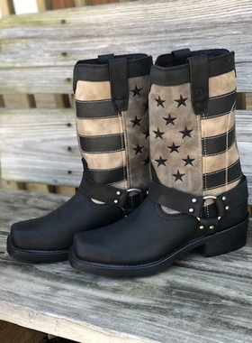 Durango头层牛皮真皮橡胶底美国国旗刺绣方头中筒工装靴机车靴男