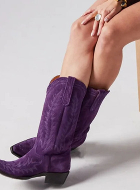 海外Old Gringo牛皮尖头彩色刺绣紫色复古西部牛仔靴真皮女骑马靴