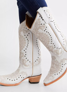 美国Corral牛皮团花绣刺绣真皮里尖头复古西部牛仔靴女白色骑马靴