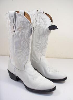 美国SHYANNE牛皮里外真皮圆头刺绣白色骑士靴复古西部牛仔靴女