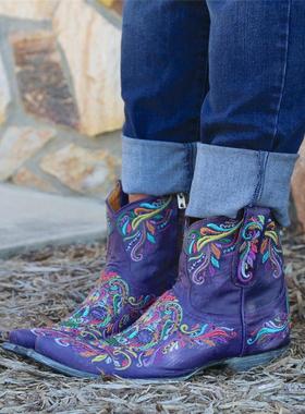 Old Gringo墨西哥牛皮骷髅头刺绣骑马靴复古西部牛仔靴女紫色短靴