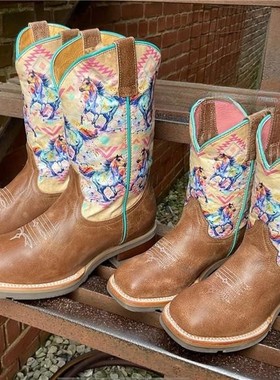 美国Roper真牛皮七彩飞马拼色中大儿童西部牛仔靴马靴中筒靴防滑