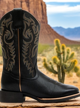 美国代购SHYANNE牛皮真皮刺绣方头橡胶底中筒靴复古西部牛仔靴女