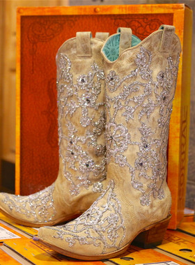 Corral头层牛皮尖头水晶刺绣真皮粗跟白色复古西部牛仔靴女结婚靴