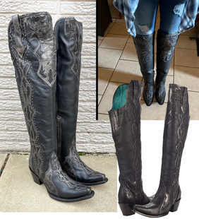 代购Corral美国西部牛仔靴靴牛皮绣花尖头过膝长靴马刺马术靴女靴