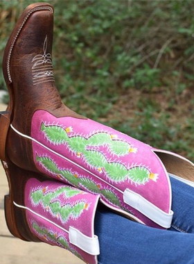 Macie MB头层牛皮真皮粉色拼接仙人掌刺绣方头高筒靴西部牛仔靴女