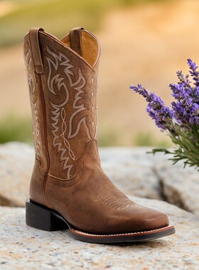 SHYANNE美式牛仔靴牛皮绣花西部牛仔靴中筒靴方头骑马靴橡胶底女