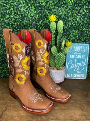 西部牛仔靴向日葵刺绣中筒骑马靴