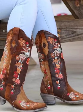 美国Corral反绒羊皮真皮刺绣尖头粗跟高筒骑马靴复古西部牛仔靴女