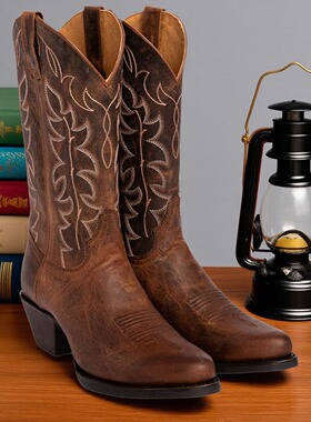 SHYANNE美国牛仔靴疯狗皮油蜡真皮防水防污刺绣马靴复古西部靴女