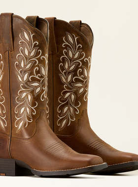 美国牛仔靴ARIAT真牛皮铃兰花刺绣真皮方头真皮高筒西部牛仔靴女