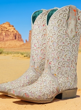 美国Corral团花雕花刺绣夜光真皮方头高筒骑马靴白色西部牛仔靴女