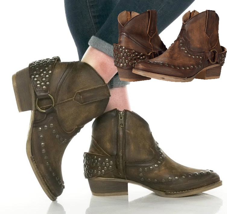 CORRAL油蜡牛皮真皮铆钉鞋带机车靴方跟短靴复古马术西部牛仔靴女