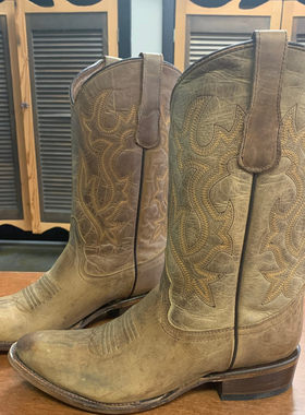 美国CORRAL圆头做旧牛皮真皮底骑马靴西部牛仔靴复古西部牛仔靴男