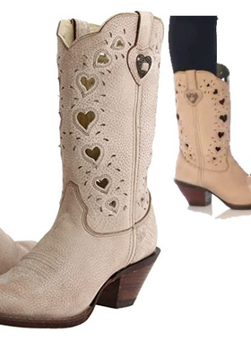 代购Durango牛皮创意心型镂空尖头粗跟真皮套筒复古西部牛仔靴女