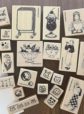 日本KODOMO NO KAO木头印章手账图章女孩穿搭布丁冰饮铃兰郁金香