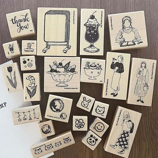 日本KODOMO NO KAO木头印章手账图章女孩穿搭布丁冰饮铃兰郁金香