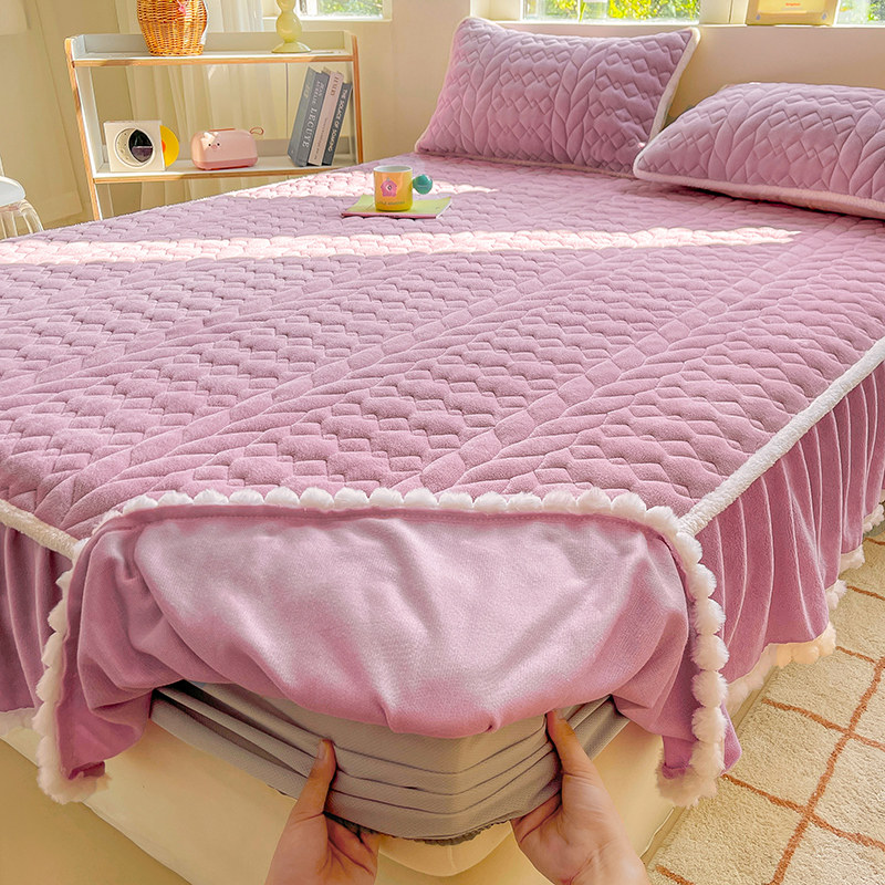 新款牛奶绒夹棉床笠毛球款加厚纯色保暖床垫保护套床裙床笠二合一