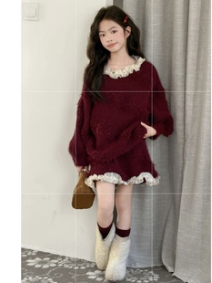 吉小可2026冬季年款儿童加厚保暖毛衣女童本命年红色针织裙套装