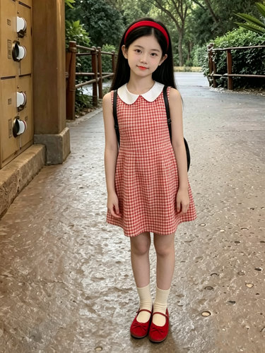 吉小可女童夏季新款韩系小众气质连衣裙中大童收腰气质甜美格子裙