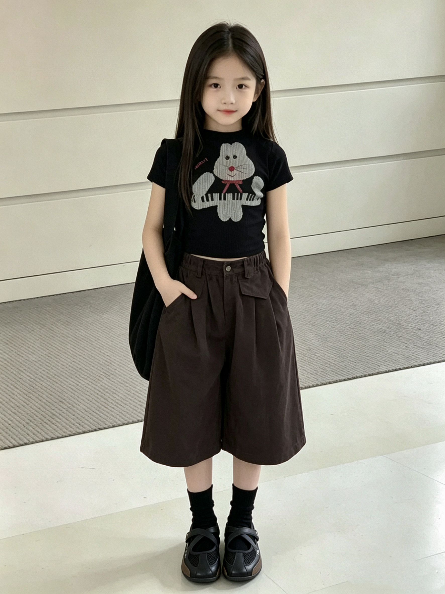 吉小可2026女童夏季新款韩系甜酷阔腿裤儿童高领卡通T百套装