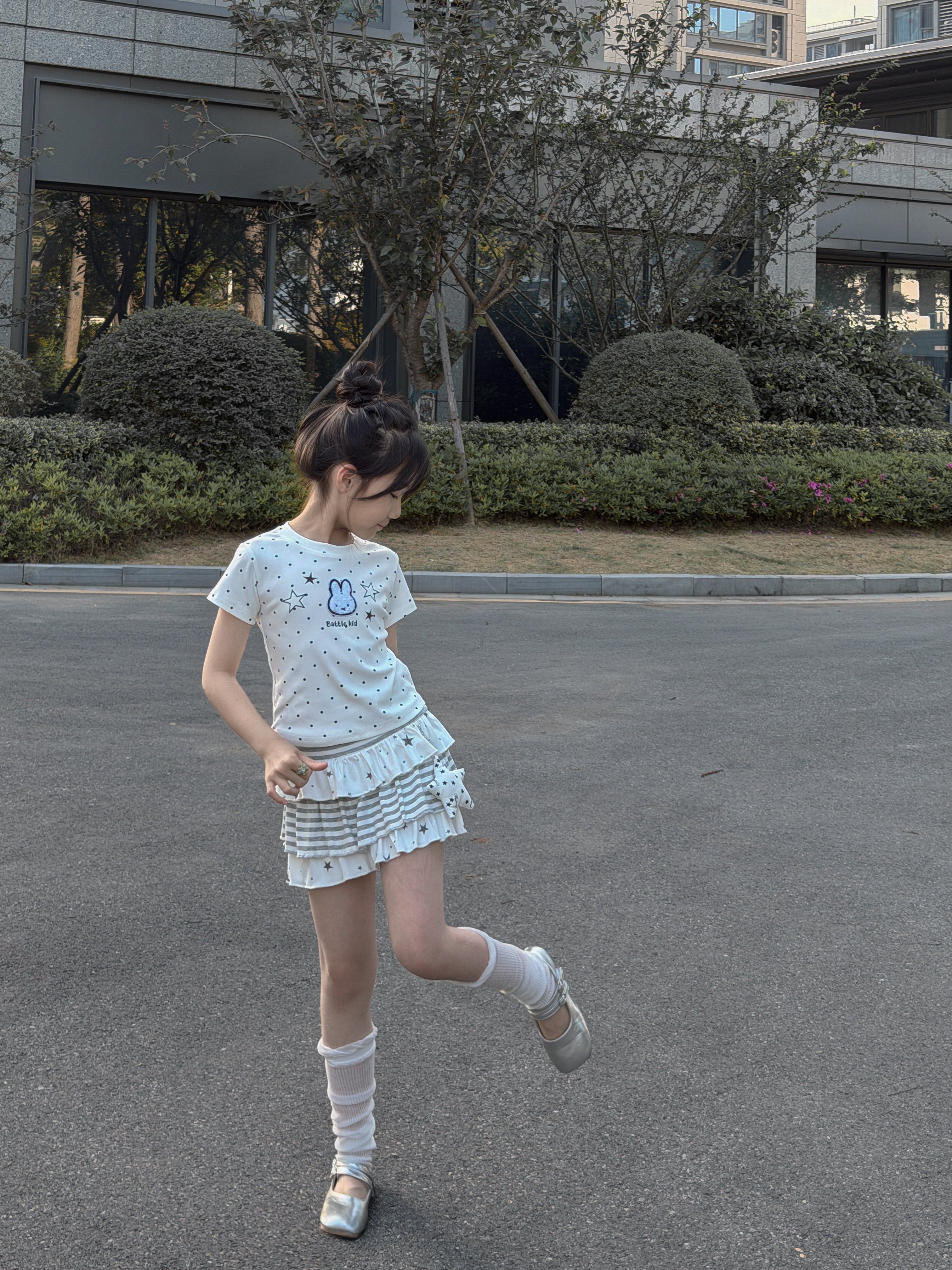 吉小可女童套装2026夏季新款芭蕾风波点裙套装短袖T恤半裙两件套