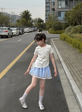 吉小可女童夏季新款韩版半身裙女宝宝百褶裙气质半高领短袖套装
