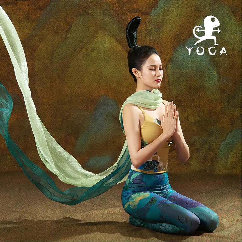 壁虎瑜伽服夏季女彩色印花高腰提臀吸汗弹力青绿运动裤表演裤国风