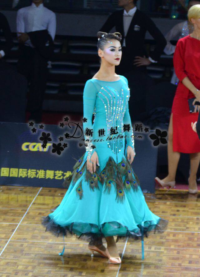 新世纪摩登舞裙比赛裙新款国标连衣裙交谊舞服孔雀羽毛舞裙探戈