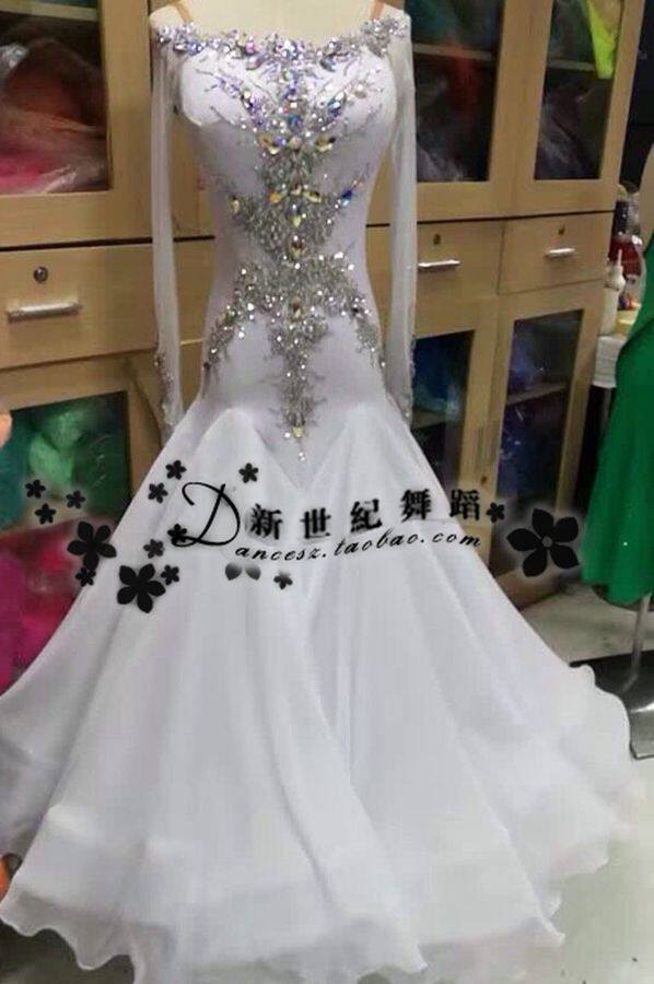 新款摩登舞服演出服表演装国标舞标准赛服比赛裙华尔兹雪纺裙白色