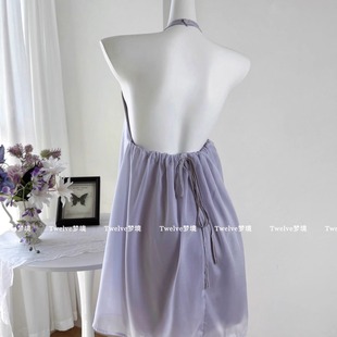 性感挂脖吊带睡裙纯欲露背无袖 露思同款 蓬蓬裙可外穿 Twelve