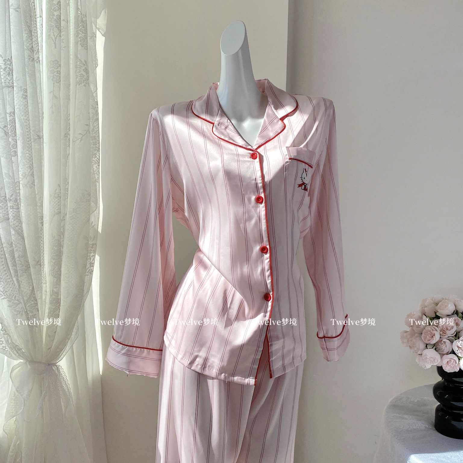 甜美kt睡衣粉色条纹家居服可外穿