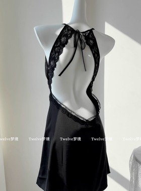 【Twelve】柔情轻语 性感露背冰丝吊带睡裙纯欲蕾丝自带胸垫睡衣