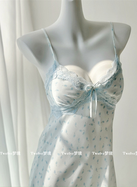 【Twelve】莫奈花园 纯欲蕾丝吊带睡裙女夏季冰丝碎花带胸垫睡衣