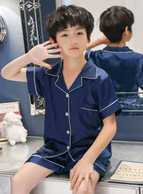 儿童睡衣男童夏季冰丝男孩女童男宝薄款短裤中大童短袖家居服套装