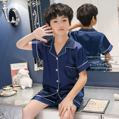 儿童睡衣男童夏季冰丝男孩女童男宝薄款长裤中大童短袖家居服套装