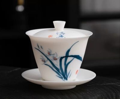 单个三才盖碗 陶瓷手工大号泡茶器 素烧羊脂白玉瓷茶碗  家用茶具