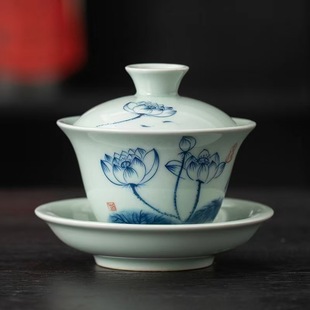家用青花复古八宝茶碗功夫茶具三炮台 陶瓷三才盖碗茶杯三件套大码