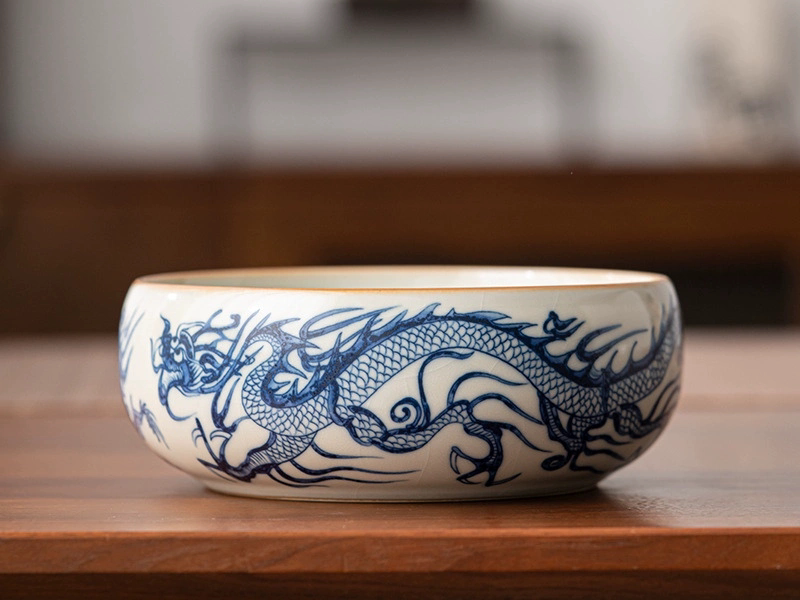 创意中式青花古汝瓷茶洗茶渣缸大码零配家用釉中龙纹水盂杯洗烟缸