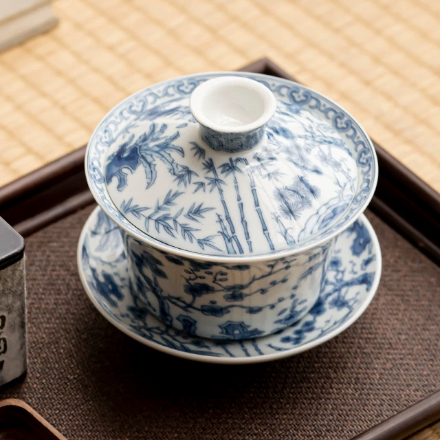创意中式300毫升青花瓷盖碗三才杯大码 家用复古不烫手 八宝茶碗