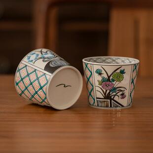 中式复古陶瓷猪口杯子280ml景德镇釉下彩拉花雅致下午茶咖啡杯碟