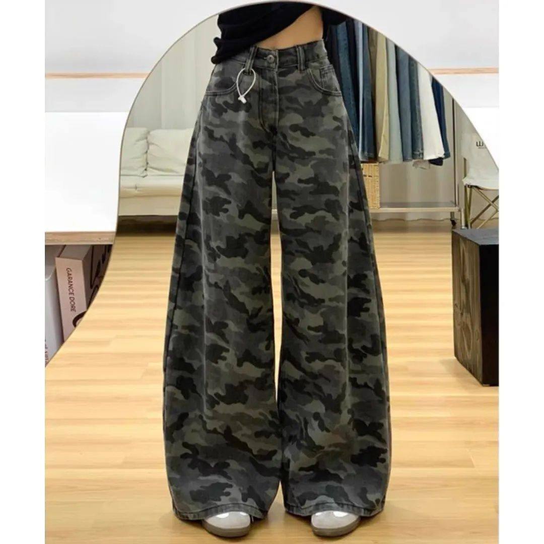 美式迷彩阔腿工装牛仔裤女秋季新款复古宽松百搭高腰显瘦拖地裤子