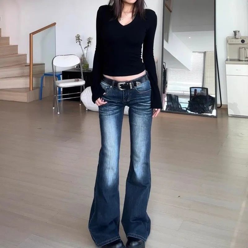 小众辣妹复古低腰微喇牛仔裤女款秋季新款修身百搭显瘦马蹄长裤潮