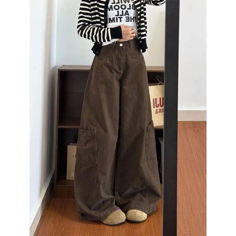 美式水洗复古韩版潮ins秋冬新款直筒阔腿裤女咖色高腰宽松牛仔裤