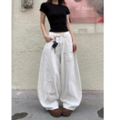 显瘦宽松明显口袋设计垂感长裤 美式 女款 牛仔裤 复古白色阔腿弯刀裤