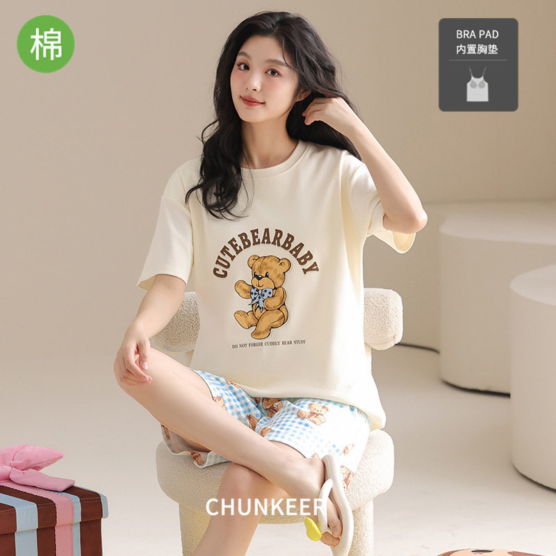 夏季新款女式睡衣纯棉短袖短裤带胸垫卡通可爱家居服可外穿套头款