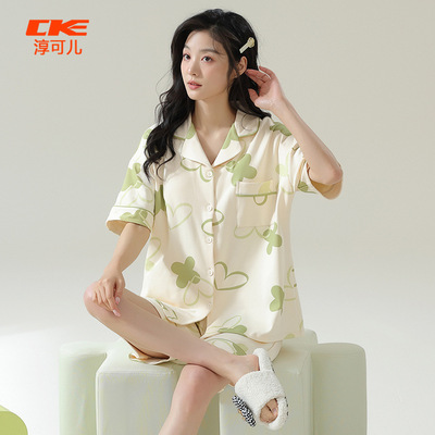 纯棉女开衫短袖短裤花朵印花时尚休闲睡衣套装家居服