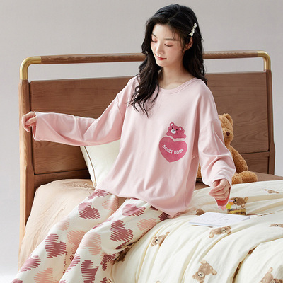 春秋季休闲日常女士长袖可爱纯棉睡衣女套头甜美款家居服套装