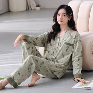 纯棉睡衣女春秋季长袖2026新款女士简约大码秋冬家居服套装可外穿